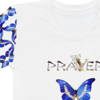 White T-shirt with Prayer Warrior lettering and blue butterflies, close-up of neckline and butterfly print