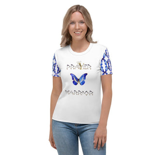 White T-shirt with Prayer Warrior lettering and blue butterflies, modeled, front view