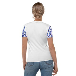 Back of white T-shirt on a model, with blue butterfly sleeves and an unprinted back