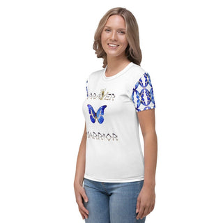 White T-shirt with Prayer Warrior lettering and blue butterflies, modeled at an angle