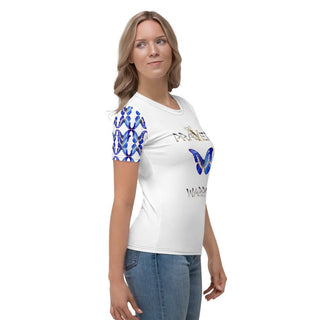 White T-shirt with Prayer Warrior lettering and blue butterflies, modeled from the side