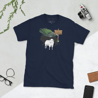 Navy T-shirt with The King Is Coming lion, lamb and palm design, laid flat beside a camera and glasses