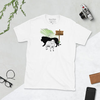 White T-shirt with The King Is Coming lion, lamb and palm design, laid flat beside a camera and glasses