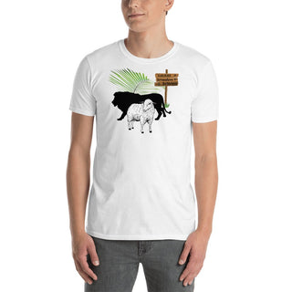 White T-shirt with The King Is Coming lion, lamb and palm design, modeled by a man, front view