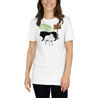 White T-shirt with The King Is Coming lion, lamb and palm design, modeled by a woman, front view