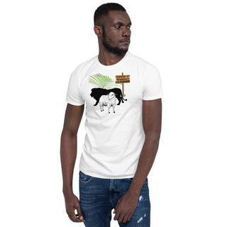 White T-shirt with The King Is Coming lion, lamb and palm design, modeled by a man at an angle